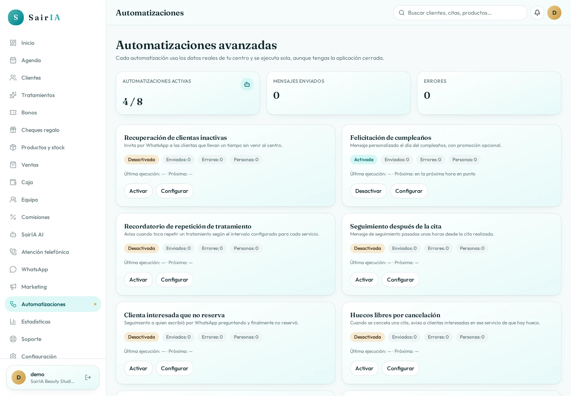 Pantalla real de automatizaciones de SairIA