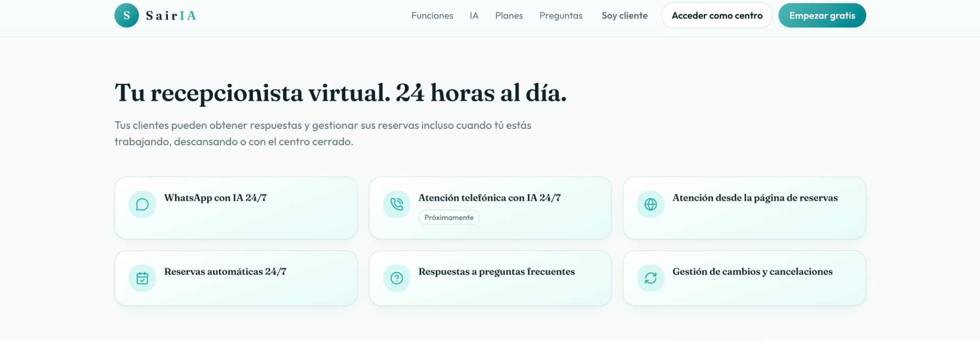 Sección de recepcionista virtual con IA de SairIA